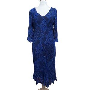 Vtg Paradise NY Blue Lace Look Maxi Dress Bias Cut Ruffle Sleeves Sequin Lined L